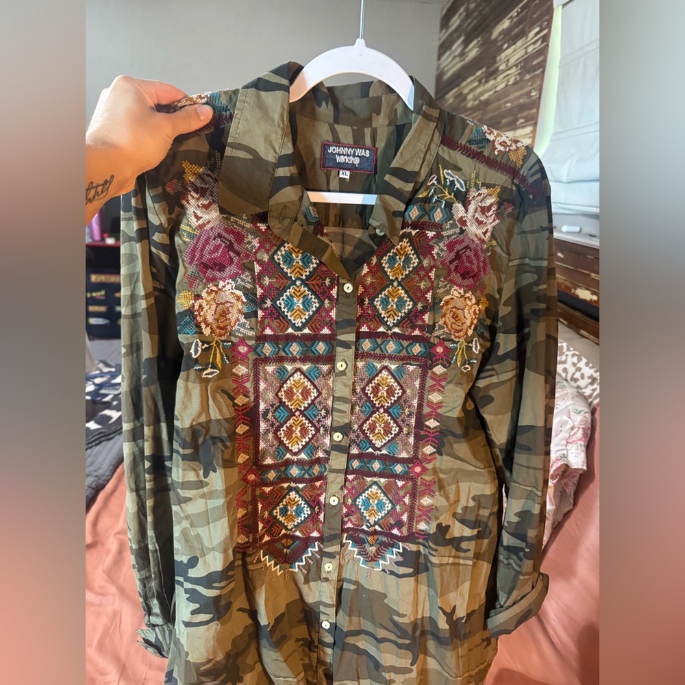 Johnny Was Multicolor Embroidered Camouflage Shirt